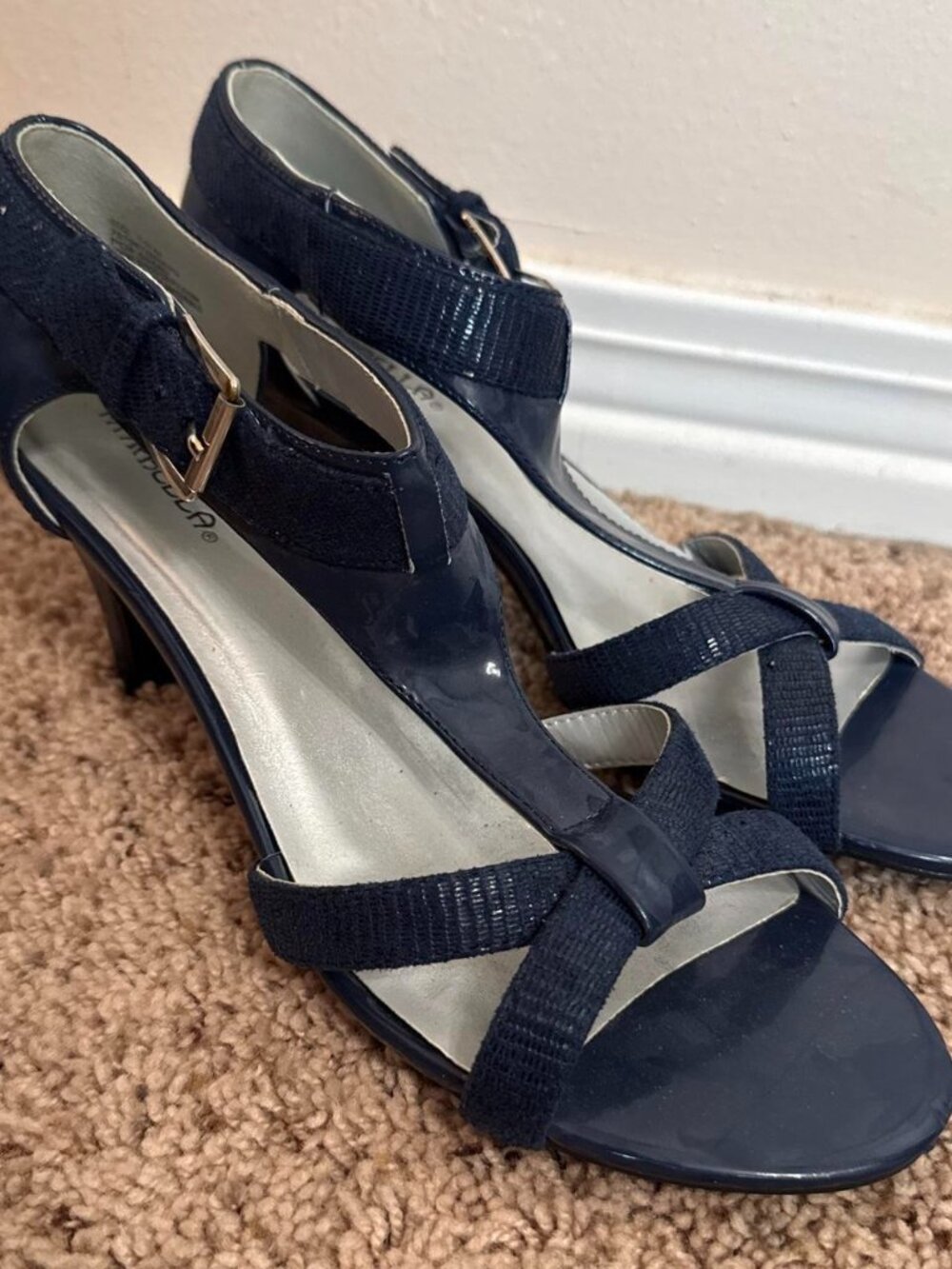 Marbella Navy T strap patent leather heels Sandals Size 10